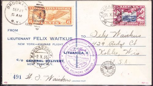 Lithuania 1935 Vaitkus transatlantic cover